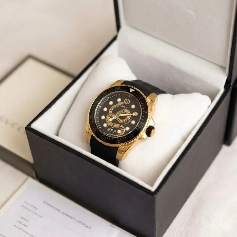 NWT Full Set Gucci Dive Men Yellow Gold PVD Black Rubber Swiss Watch YA136219